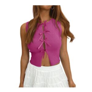 Bow Crew Neck Fitted Y2k Ribbed Knit Sweater Vest, SMALL, 1H-138T001